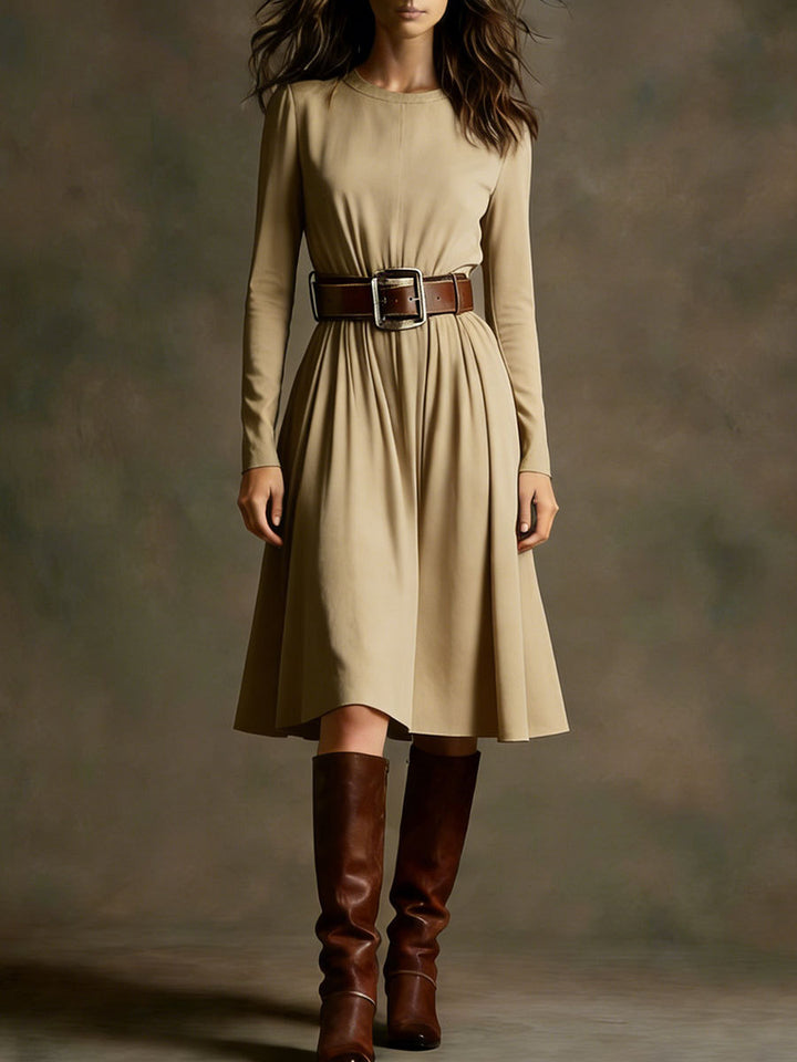Women Elegant Dress with Long Sleeve and Waist Belt Lisslune