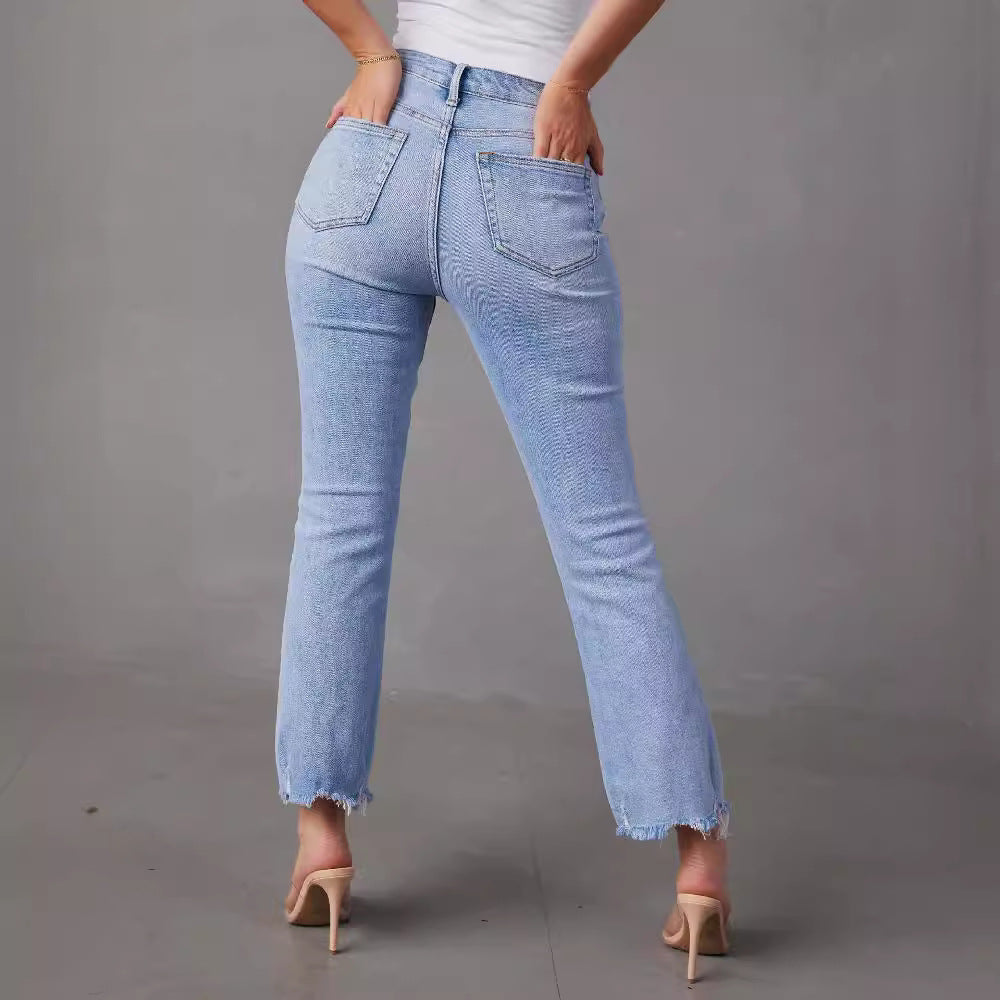 Women's high-waist jeans with trendy fringing and distressed details Lisslune