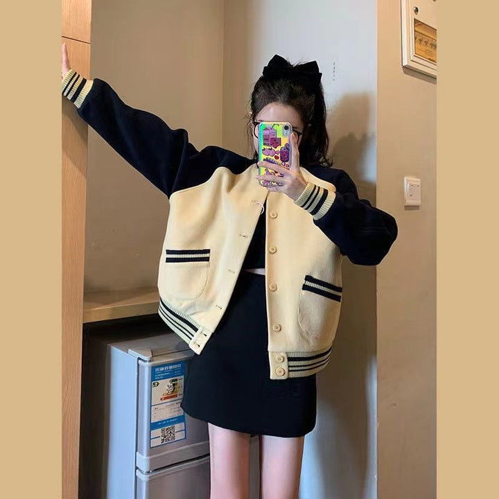Women's Fashion Oversized College Jacket with Button Closure and Contrast Stripes Lisslune