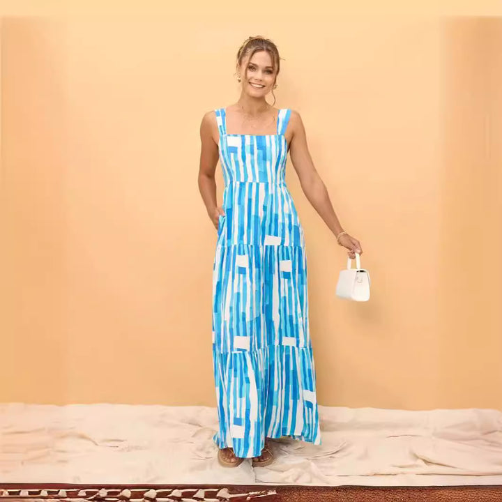 Ladies' maxi dress with adjustable straps and unique striped pattern Lune London