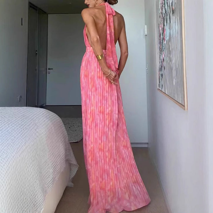 Ladies Pleated Maxi Dress with Deep Neckline and Elegant Belt