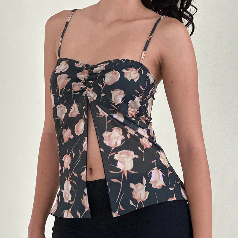 Women's cami top with floral design and nostalgic knot closure Lune London