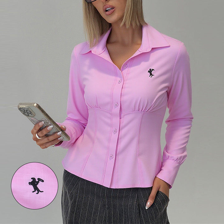 Ladies fitted shirt with stylish button placket and stand-up collar