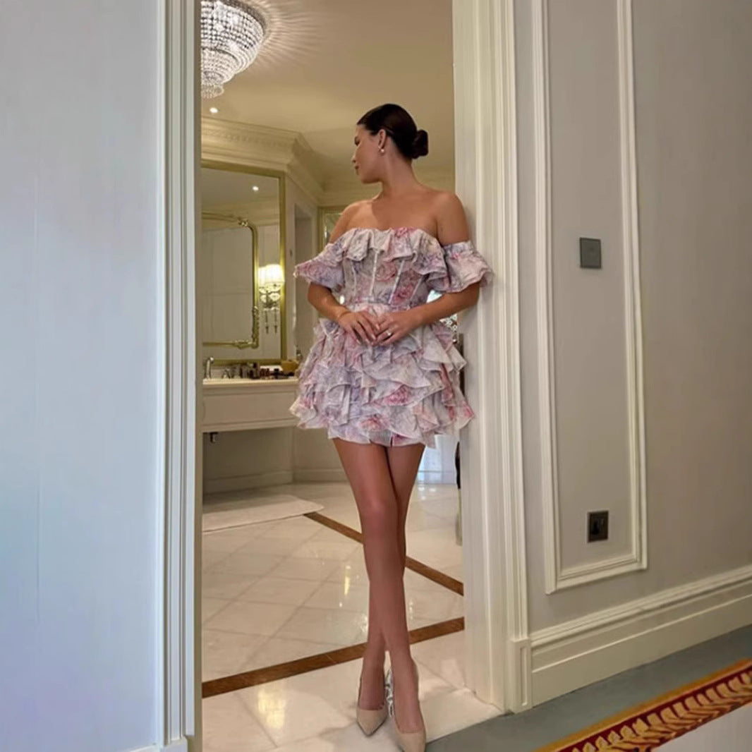 Ladies Ruffled Cocktail Dress with Off-Shoulder Design and Fitted Cut Lisslune