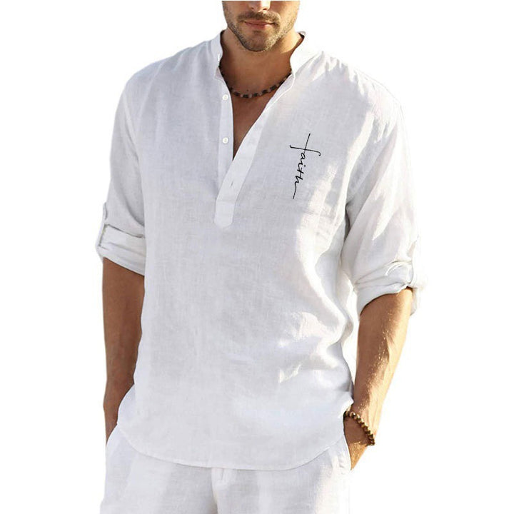 Men's linen shirt with modern stand-up collar and high-quality embroidery Lisslune