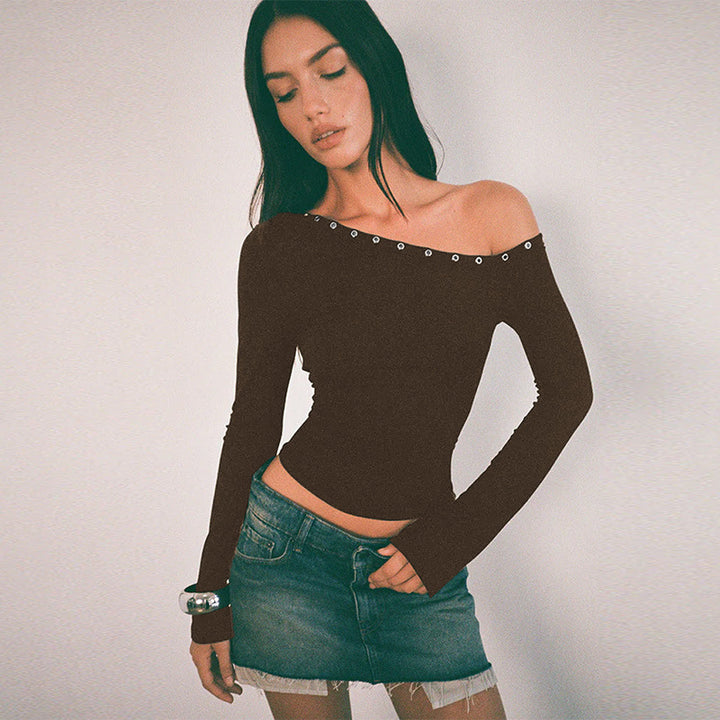 Women's Off-Shoulder Top with Fashionable Buttons and Figure-Hugging Cut