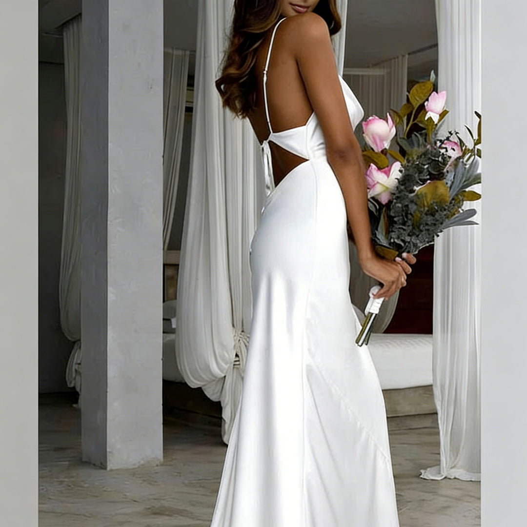 Ladies Elegant Satin Wedding Dress with Deep V-Neck and Thin Spaghetti Straps