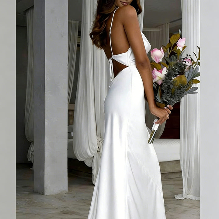 Ladies Elegant Satin Wedding Dress with Deep V-Neck and Thin Spaghetti Straps