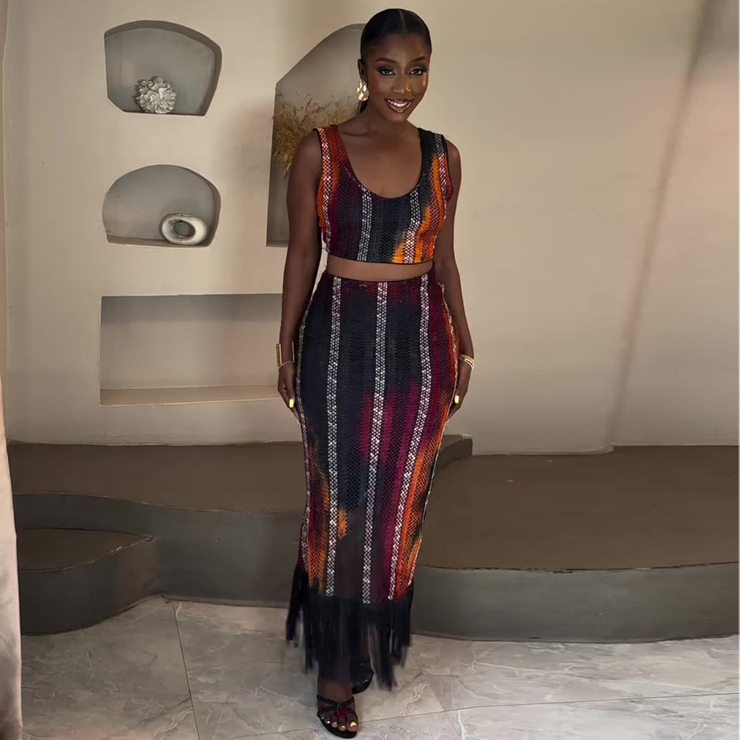 Women Two-Piece Festive Outfit with Fringed Details Lisslune