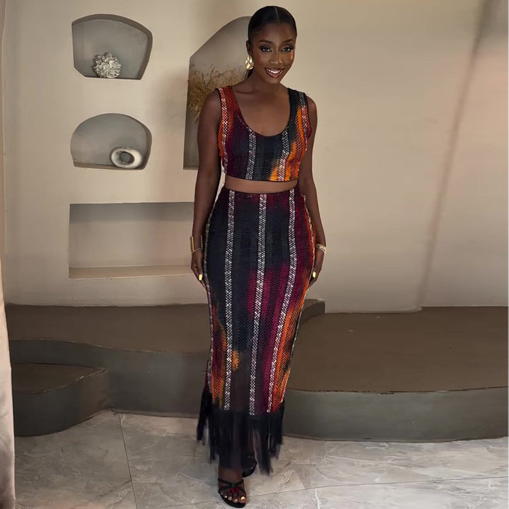 Women Two-Piece Festive Outfit with Fringed Details Lisslune