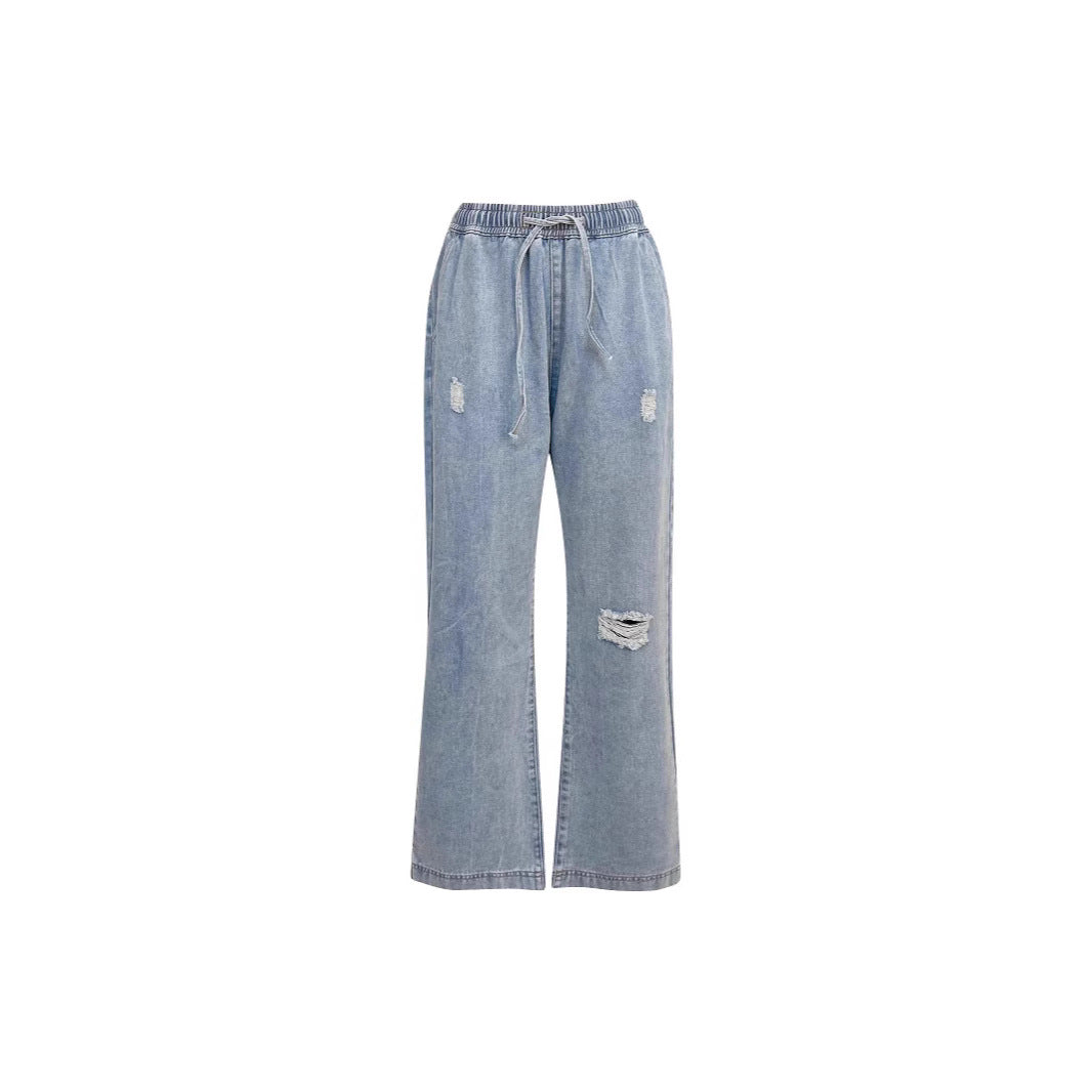 Women's casual wide denim pants with elastic waistband Lisslune