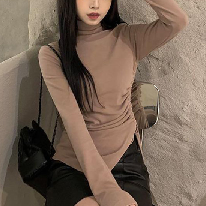 Women's long sleeve top with beautiful wrap design and high collar