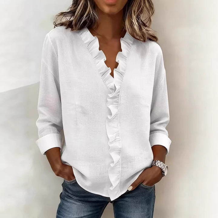 Women romantic blouse with ruffle details and V-neck Lisslune