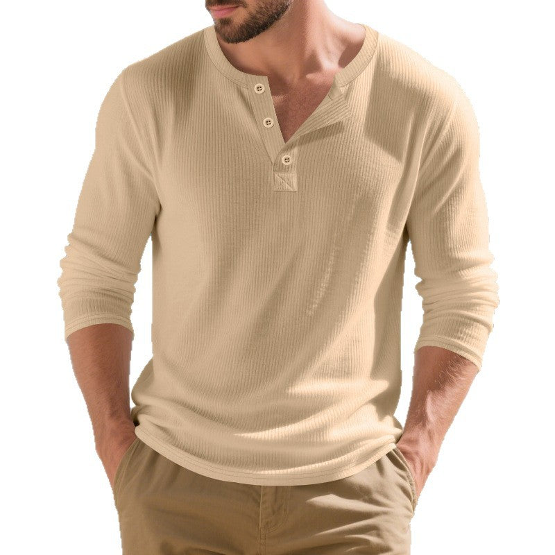 Men's Long Sleeve Henley Shirt made of textured cotton blend with button placket Lisslune