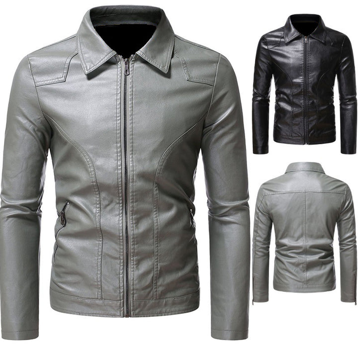 Men's Fashionable Synthetic Leather Jacket with Textured Design and Asymmetric Zipper Lisslune