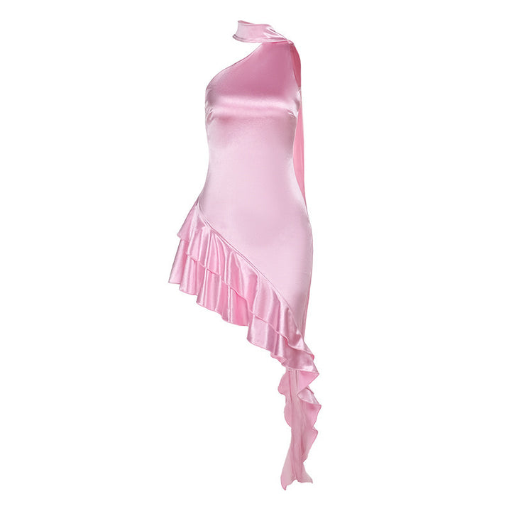 Women's asymmetric satin dress with elegant ruffle details