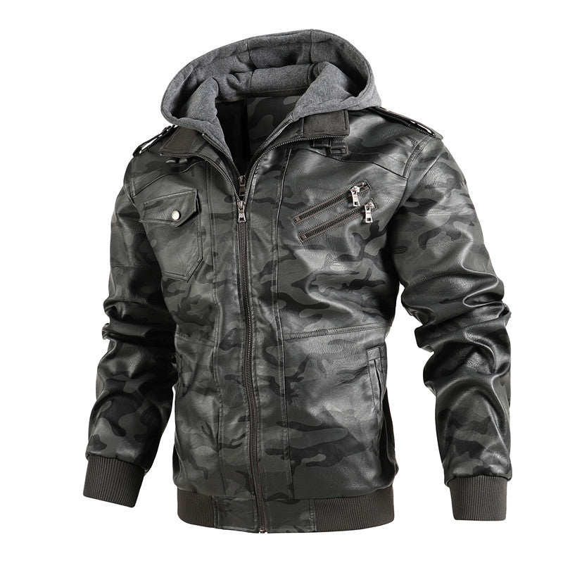 Men's Synthetic Leather Jacket with Removable Hood and Multifunctional Pockets Lisslune