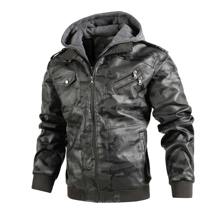 Men's Synthetic Leather Jacket with Removable Hood and Multifunctional Pockets Lisslune