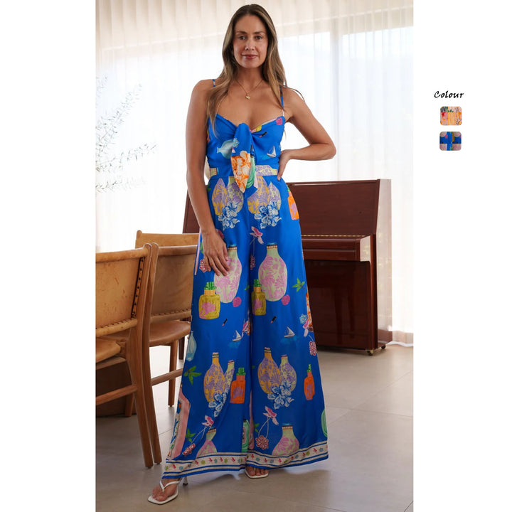 Ladies long summer dress with playful neckline and colorful pattern Lune London