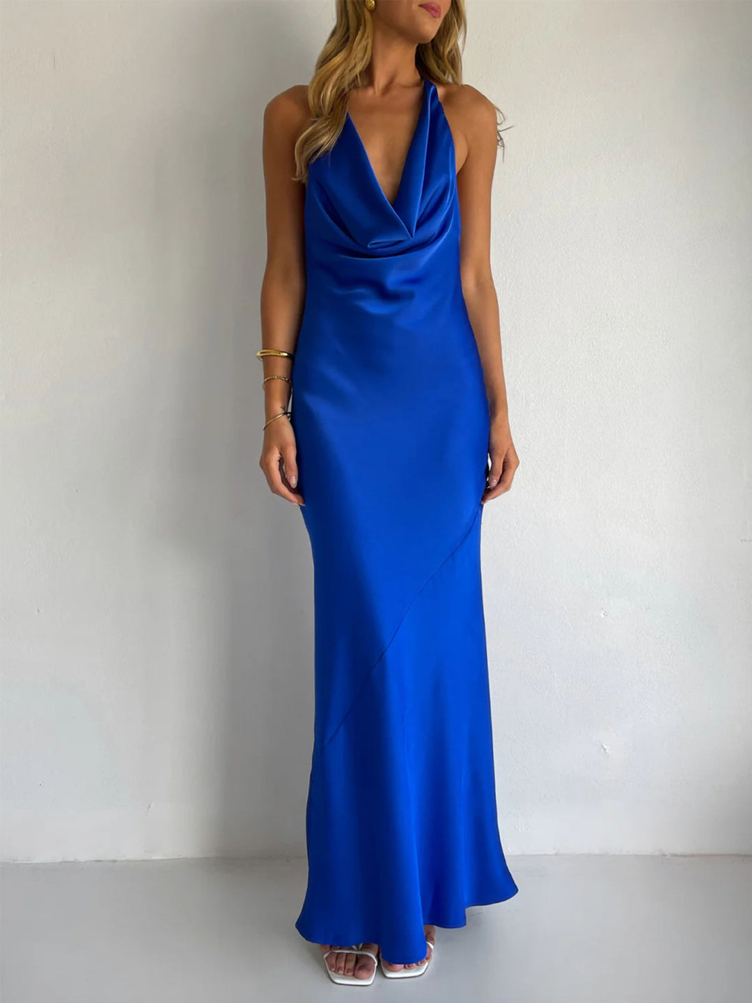 Women's maxi dress with off-the-shoulder design and elegant draping design Lune London