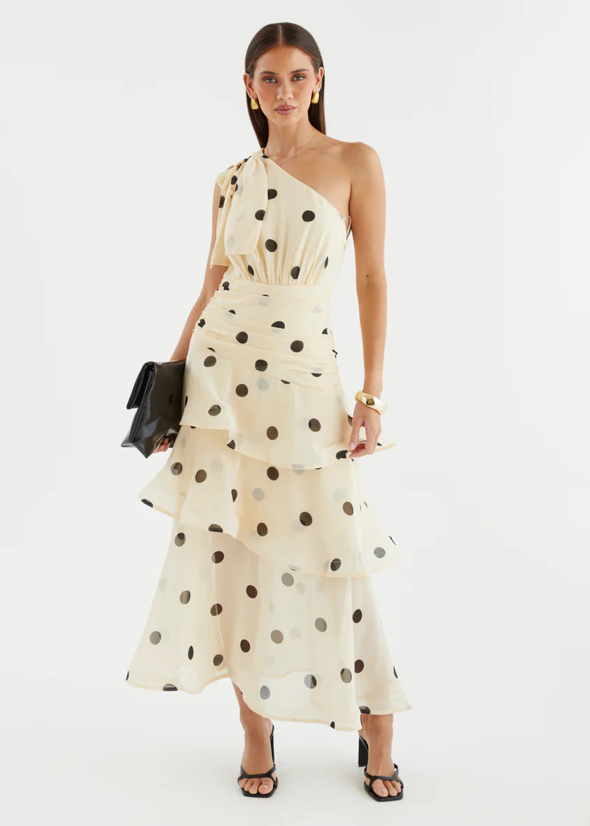 Women's maxi dress with asymmetrical shoulder design and voluminous skirt Lune London