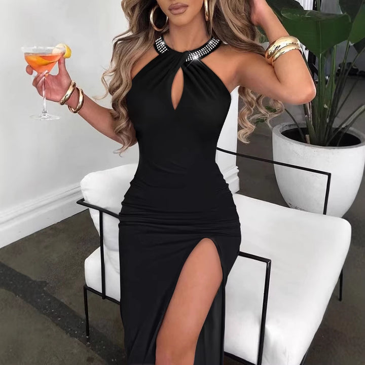 Damen Elegantes Schlauchkleid mit Strassdetails und sexy Beinschlitz Lisslune