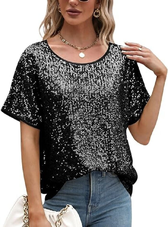 Women Glamorous Sequin Top with Wide Sleeves and Loose Fit Lisslune