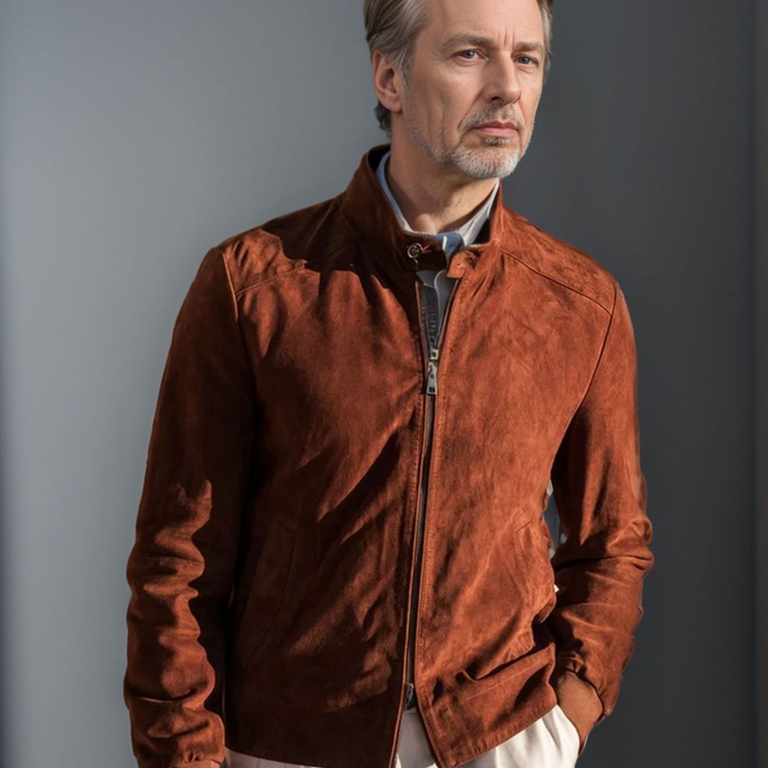 Men's casual suede jacket with stand-up collar and side zip pockets Lisslune