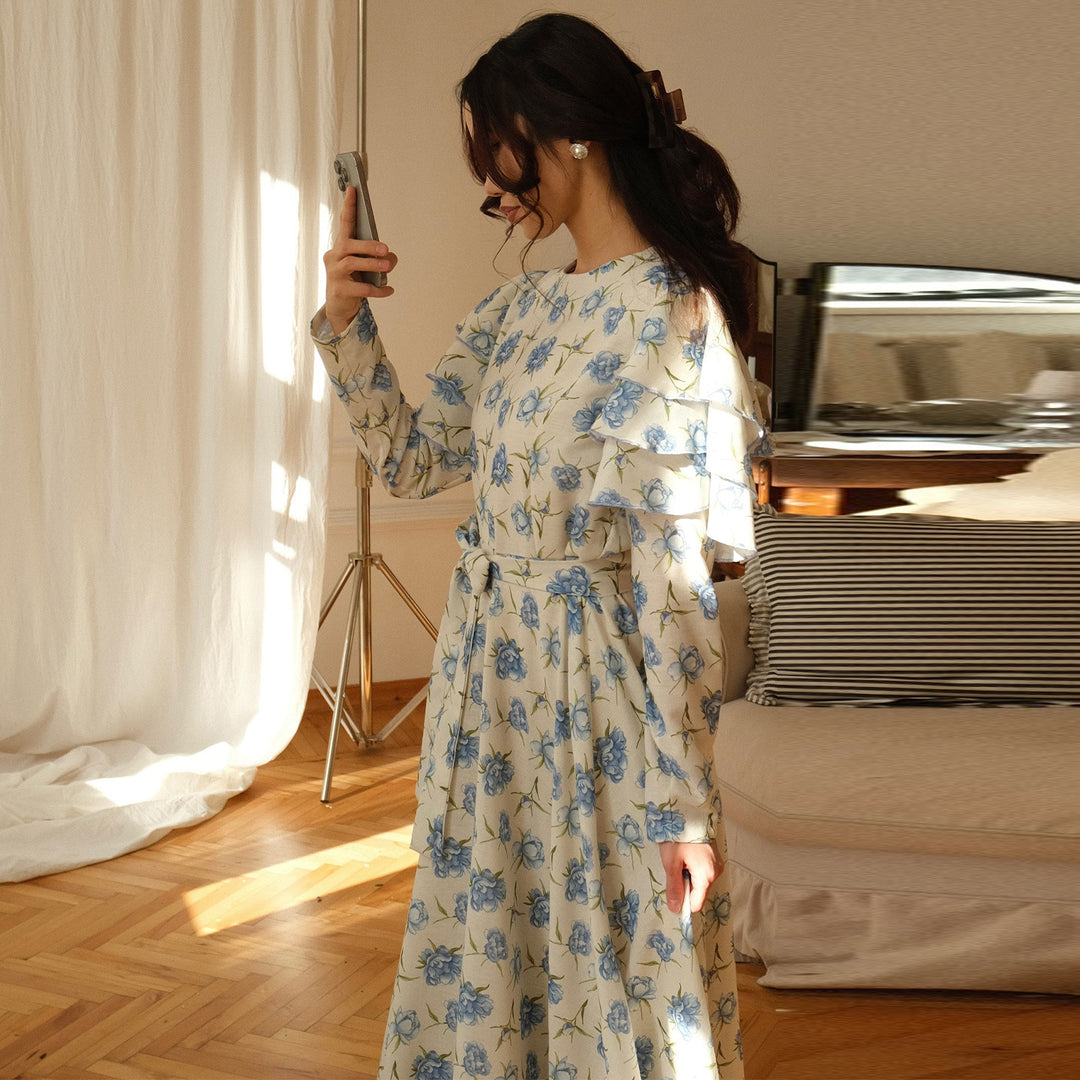 Women’s maxi dress with romantic ruffle design and floral details