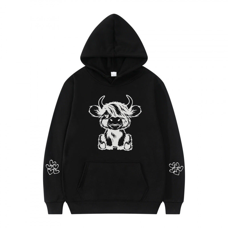 Women's hooded sweatshirt with charming cow motif and practical kangaroo pockets Lisslune