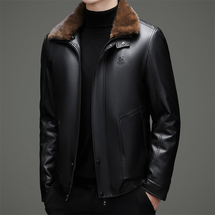 Men's Stylish Synthetic Leather Jacket with Warm Synthetic Fur Collar Lisslune