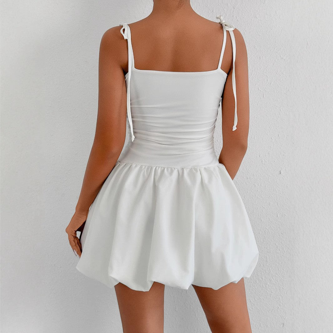 Damen verspieltes Minikleid mit verstellbaren Spaghetti-Trägern und raffiniertem Rüschensaum Lisslune