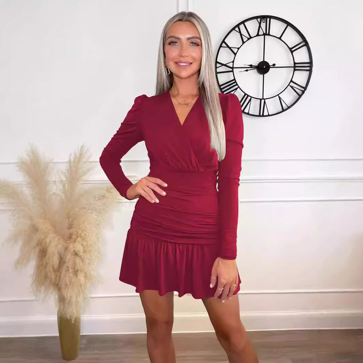 Damen Figurumspielendes Wickelkleid mit langen Ärmeln und Rüschensaum Lisslune