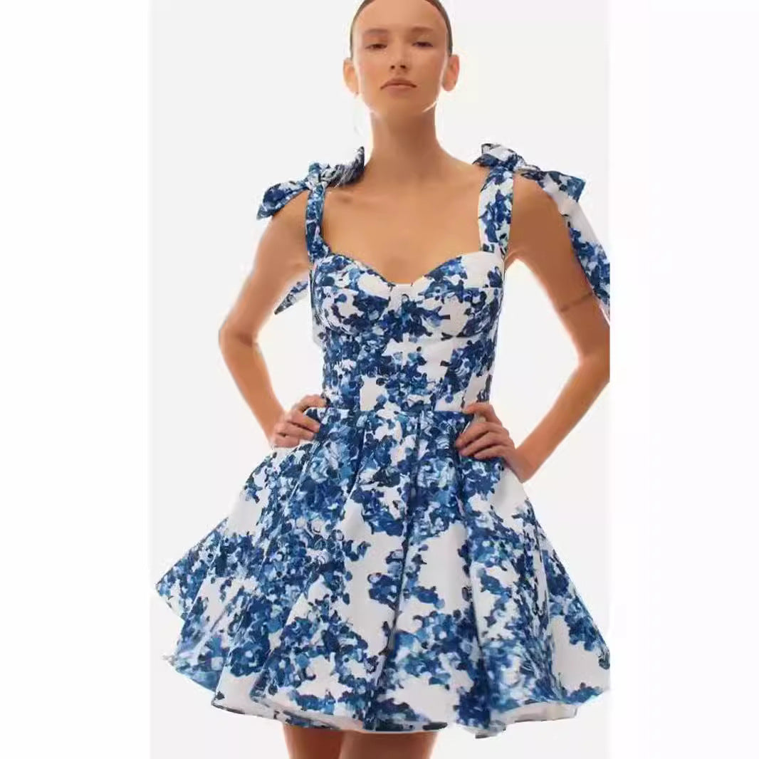 Women's Playful Mini Dress with Floral Design and Sophisticated Straps