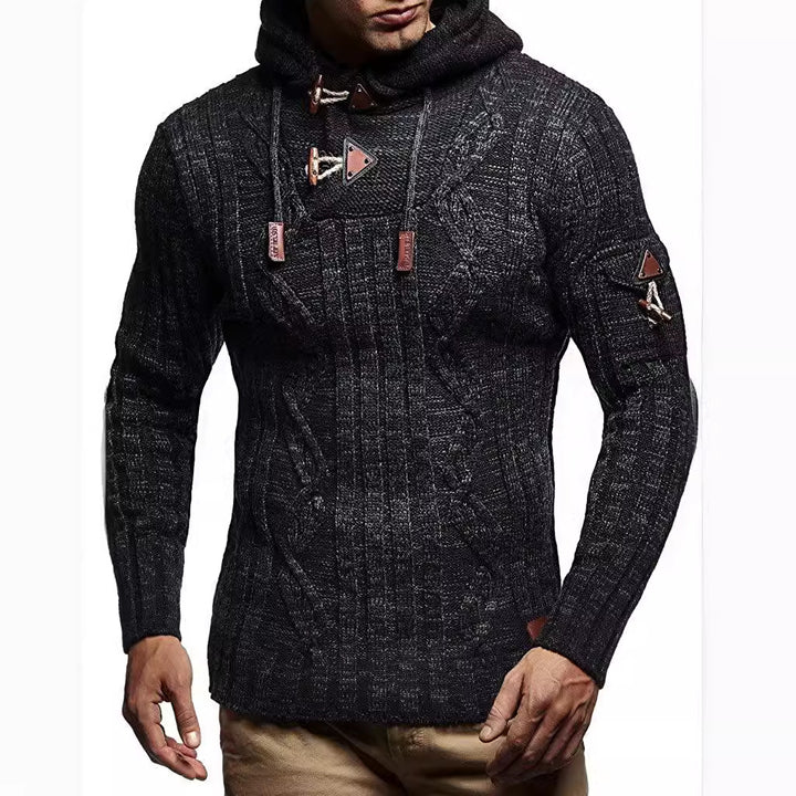 Men's chunky knit sweater with hood and decorative lace-up details Lisslune