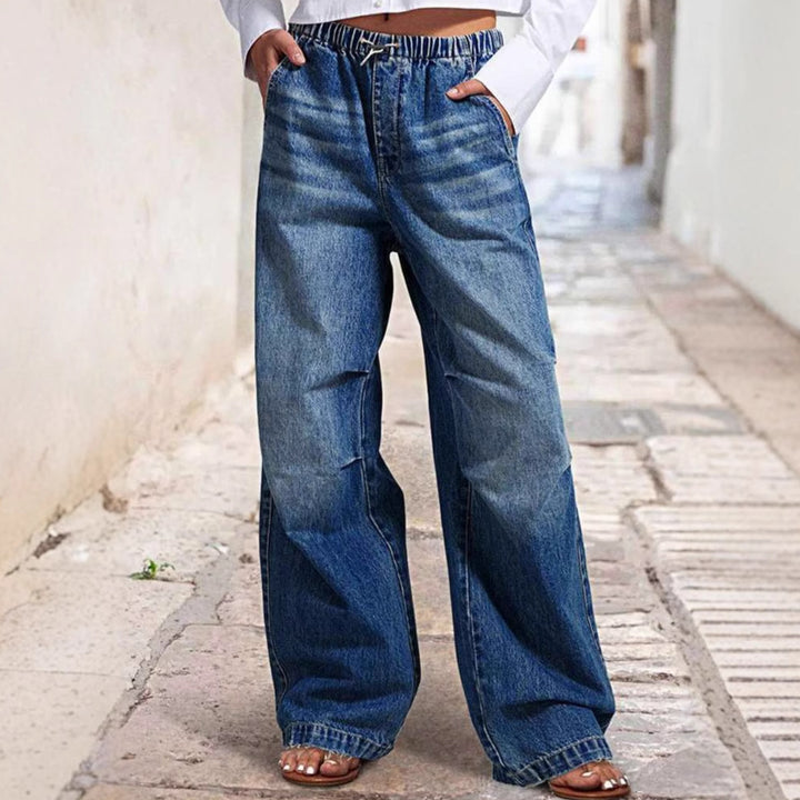 Women's Wide Denim Pants with Elastic Waist and High Pockets Lisslune
