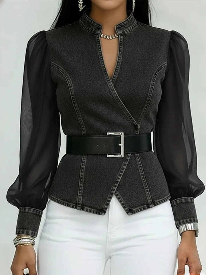 Women’s jeans blouse with transparent sleeves and tailored design Lisslune