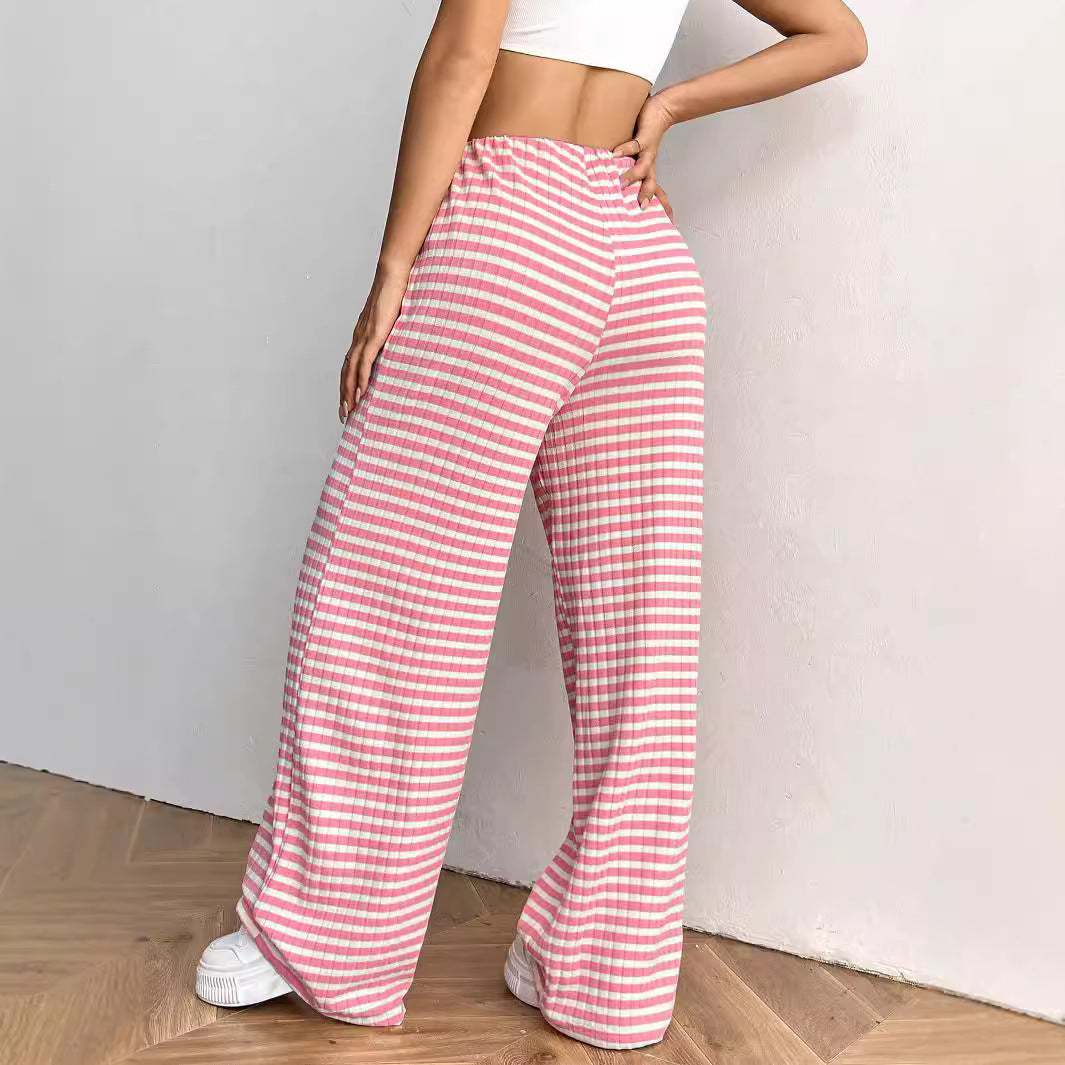 Women’s Casual Wide-Cut Striped Trousers with Elastic Waist Lisslune