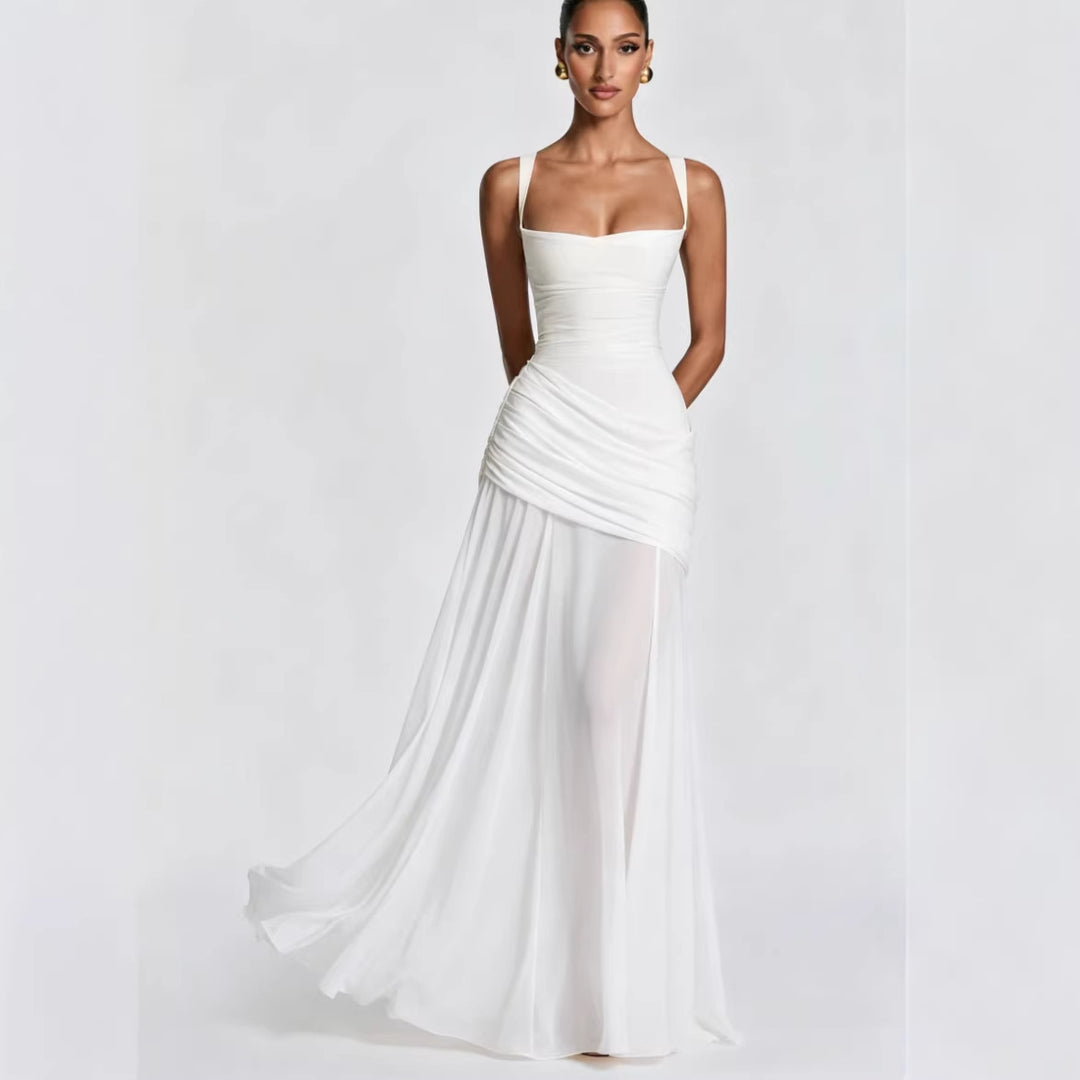 Ladies Elegant Wedding Dress with Tailored Ruffles and Flowing Chiffon Skirt Lisslune