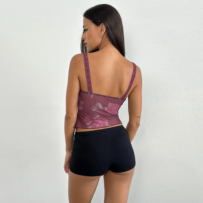 Ladies delicate spaghetti strap top with floral pattern and lace trim Lune London