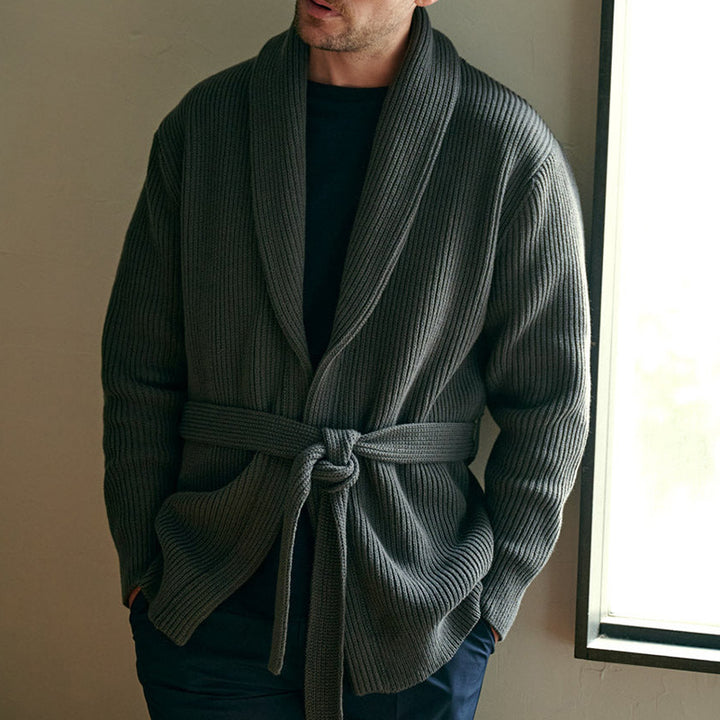 Men's stylish knit cardigan with belt and deep collar Lisslune