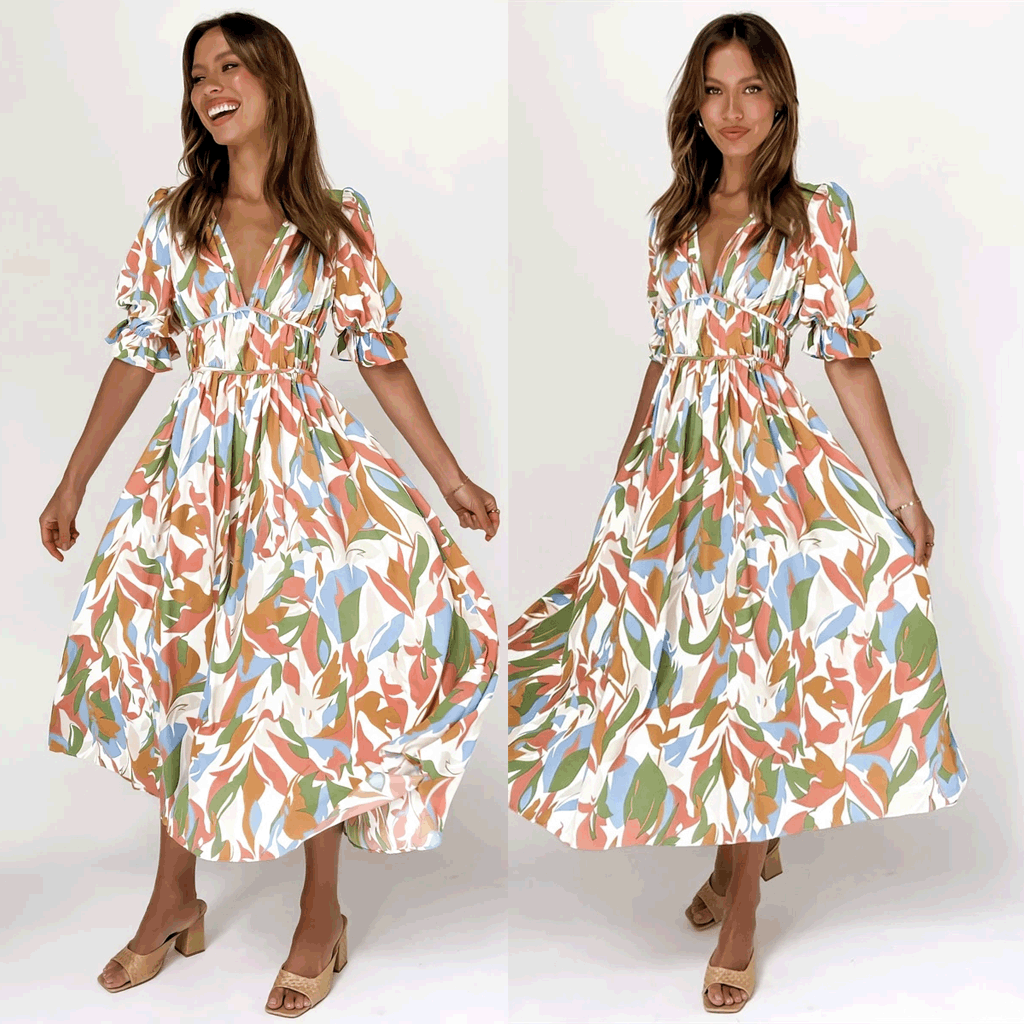 Women's maxi dress with casual V-neck and elastic waist drawstring Lune London