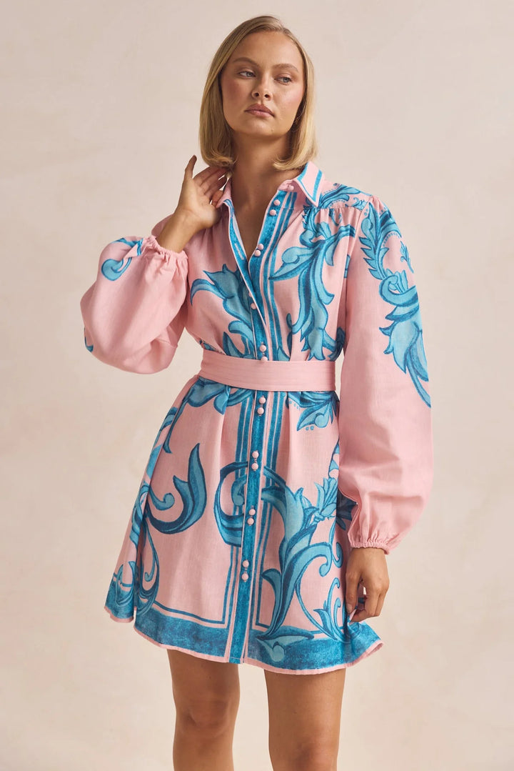 Ladies shirt dress with smooth puff sleeves and floral design