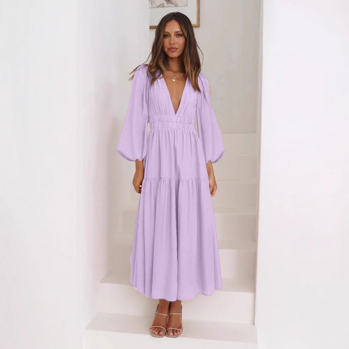 Women's long-sleeve maxi dress with deep V-neck and wide skirt Lune London