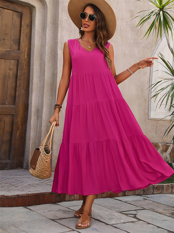 Damen Elegantes Sommer-Maxi-Kleid mit voluminösem Rock und V-Ausschnitt Lisslune