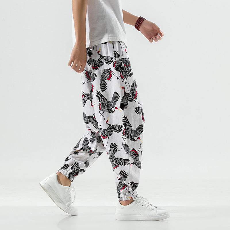 Men's casual and breathable harem pants with unique crane pattern Lisslune