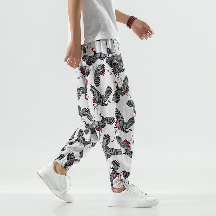 Men's casual and breathable harem pants with unique crane pattern Lisslune