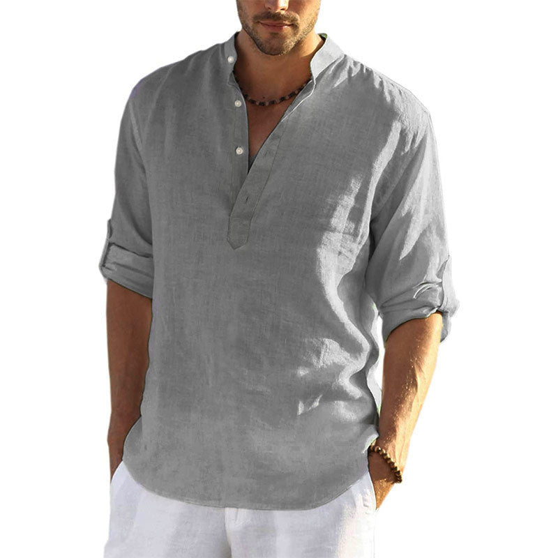 Men's linen shirt with modern stand-up collar and practical button details Lisslune