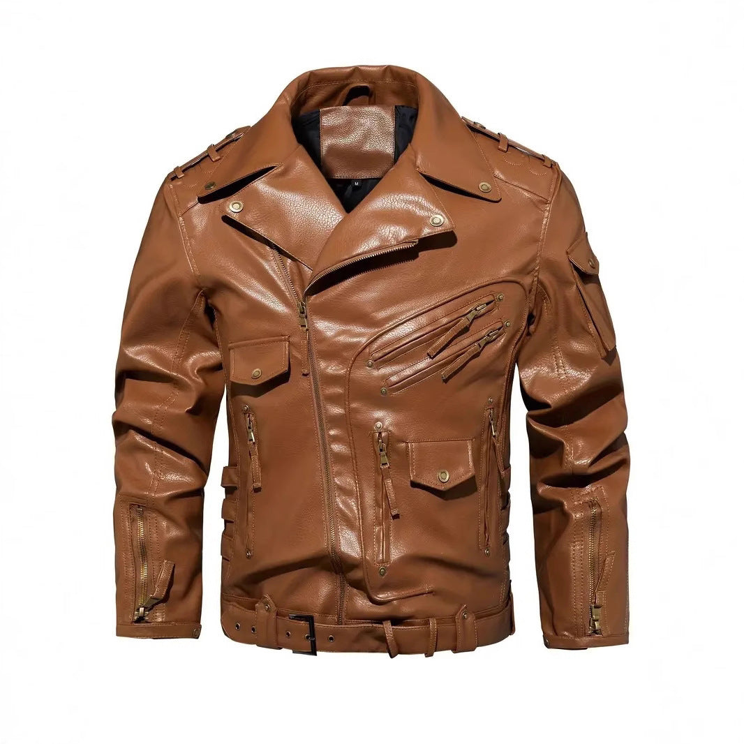 Men's stylish biker jacket with multiple zip pockets and belt detail Lisslune