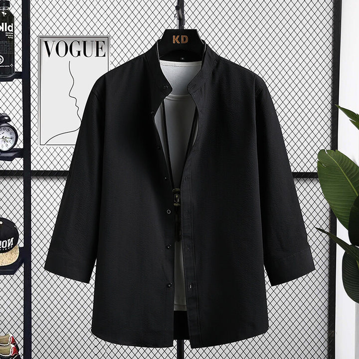 Men's Nice Long Sleeve Shirt with Modern Stand-Up Collar and Textured Fabric Lisslune